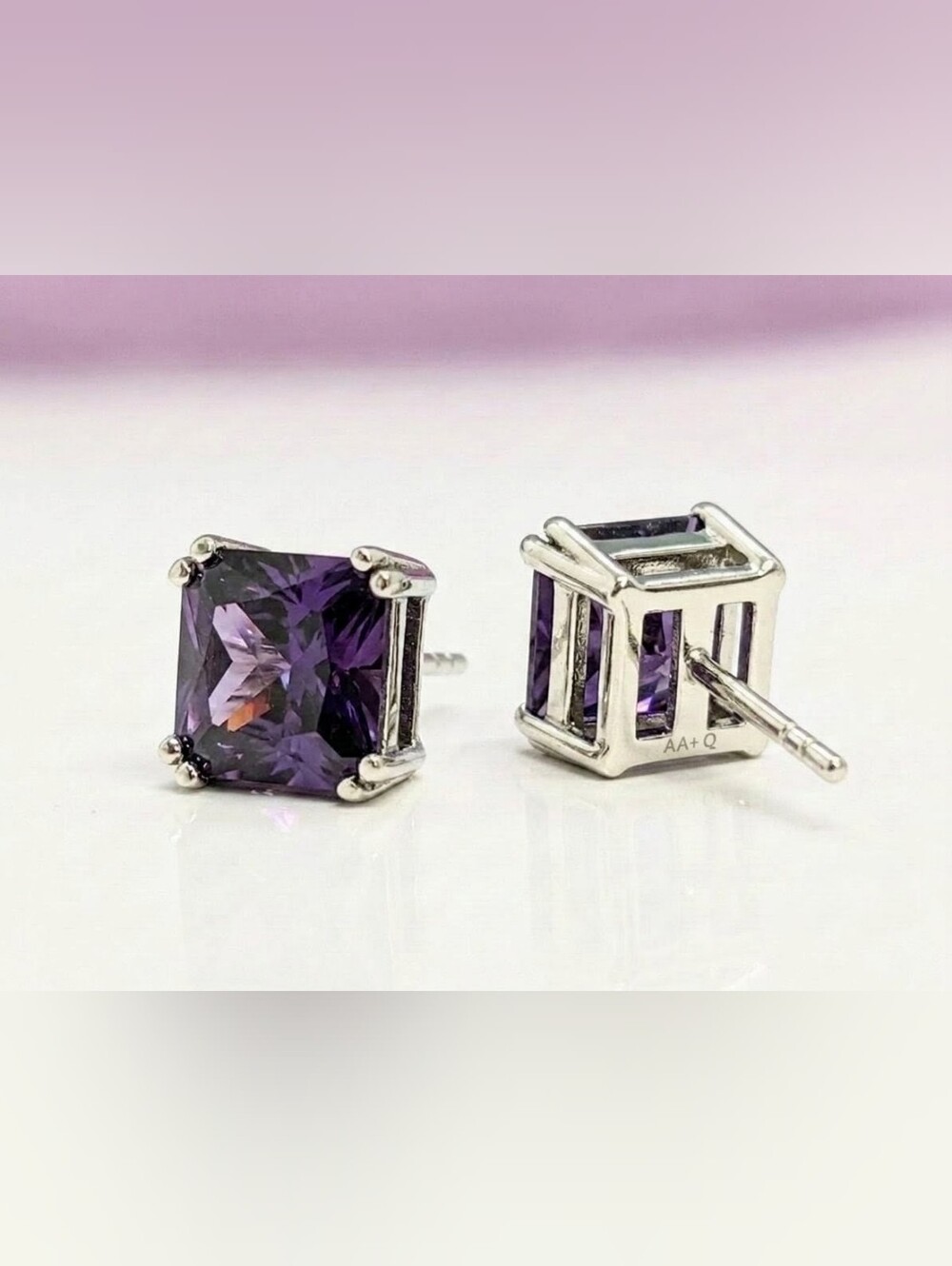 2.40 CTW Princess Cut Simulated Amethyst CZ Studs Solid 925 Sterling Silver - Picture 5 of 6